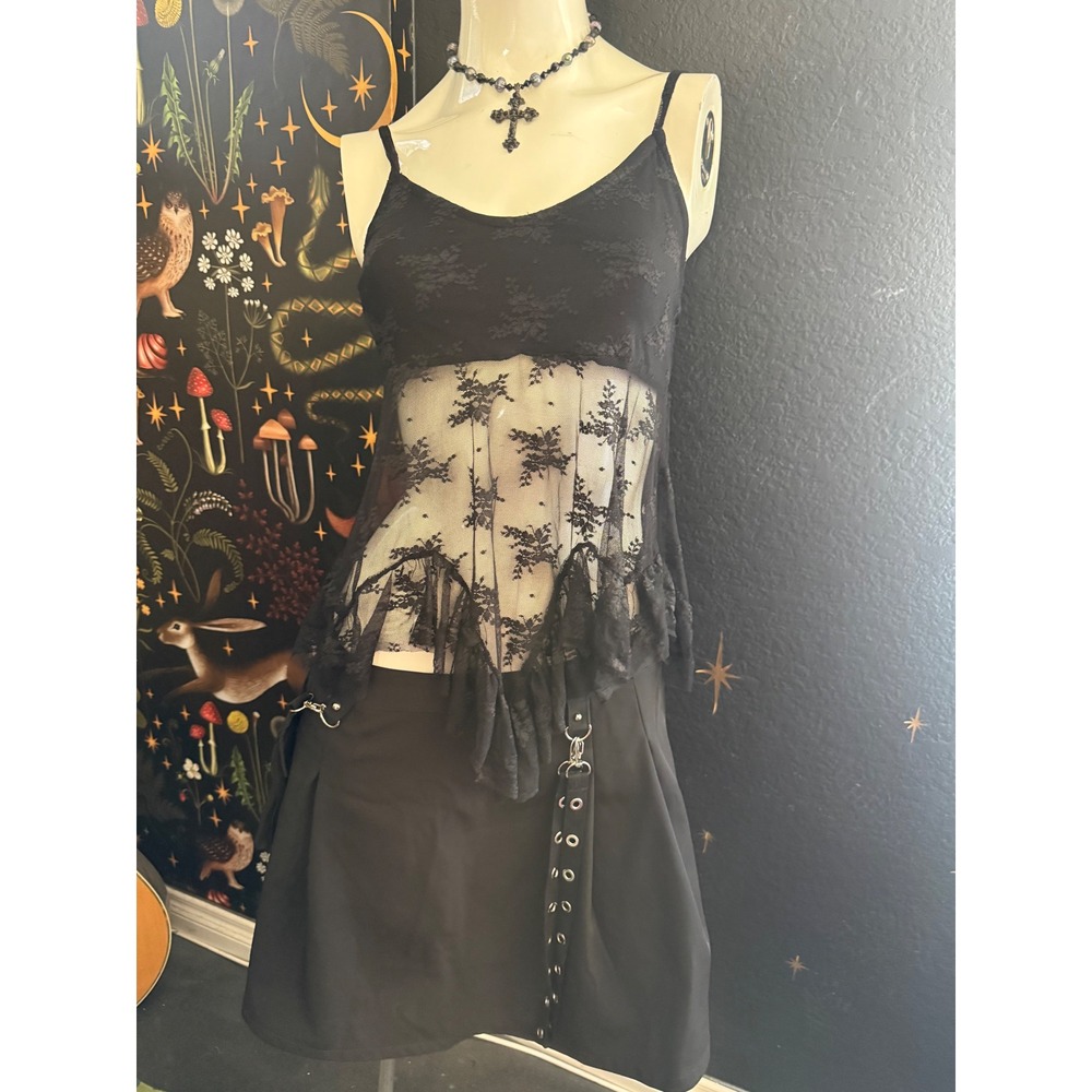 Electric Behaviour Black Sheer Floral Lace Ruffle Cami Top Grunge Fairycore M